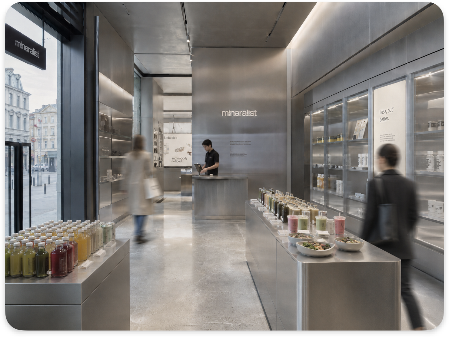 Mineralist terminal interior — brushed steel counters, functional drinks and bowls